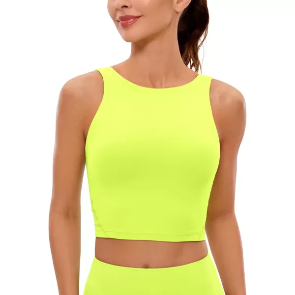 imageCRZ YOGA Womens High Neck Longline U Back Padded Crop Workout Tank Top Sports BraNeon Yellow