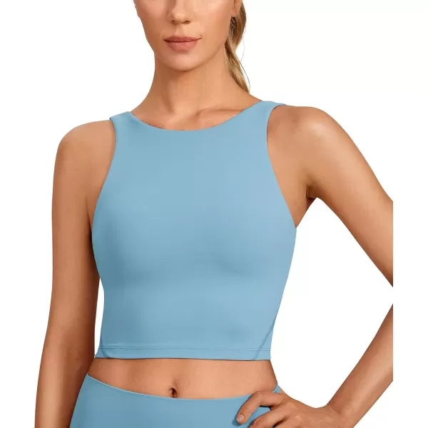 imageCRZ YOGA Womens High Neck Longline U Back Padded Crop Workout Tank Top Sports BraPure Blue