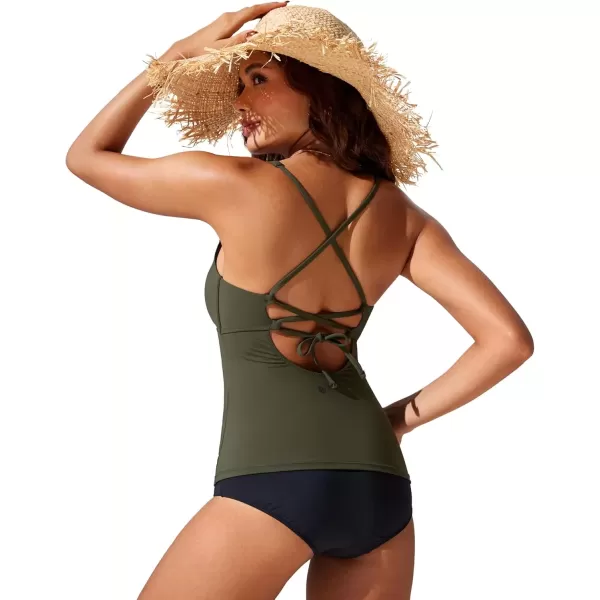 imageCRZ YOGA Tankini Tops for Women Crossover Adjustable Tie Back Bathing Suits Swim Top Only No BottomDark Olive