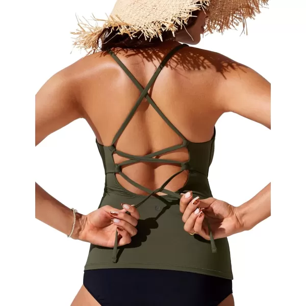 imageCRZ YOGA Tankini Tops for Women Crossover Adjustable Tie Back Bathing Suits Swim Top Only No BottomDark Olive