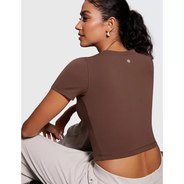 imageCRZ YOGA Butterluxe Short Sleeve Shirts for Women Scoop Neck Casual Crop Tops Workout Yoga Basic Slim Fit TShirtsCoffee Brown