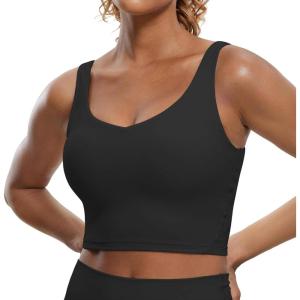 imageCRZ YOGA Butterluxe Womens V Neck Longline Sports Bra  U Back Padded Crop Workout Tank Tops with Built in BraBlack