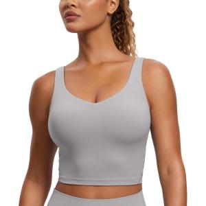 imageCRZ YOGA Butterluxe Womens V Neck Longline Sports Bra  U Back Padded Crop Workout Tank Tops with Built in BraGull Gray