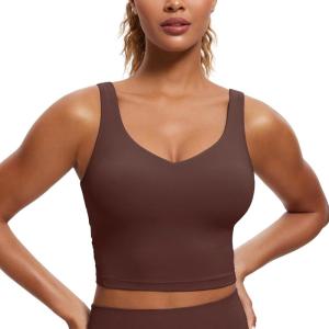 imageCRZ YOGA Butterluxe Womens V Neck Longline Sports Bra  U Back Padded Crop Workout Tank Tops with Built in BraTaupe