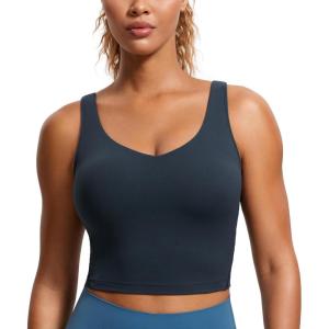 imageCRZ YOGA Butterluxe Womens V Neck Longline Sports Bra  U Back Padded Crop Workout Tank Tops with Built in BraTrue Navy