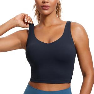 imageCRZ YOGA Butterluxe Womens V Neck Longline Sports Bra  U Back Padded Crop Workout Tank Tops with Built in BraTwilight Blue