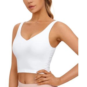 imageCRZ YOGA Butterluxe Womens V Neck Longline Sports Bra  U Back Padded Crop Workout Tank Tops with Built in BraWhite