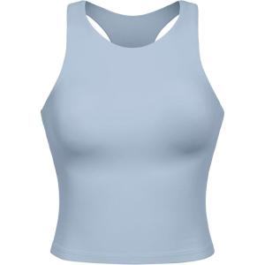 imageCRZ YOGA Girls Butterluxe Double Lined Tank Tops Waist Length High Neck Racerback Sleeveless Teen Kids Active Casual DanceCambric Blue