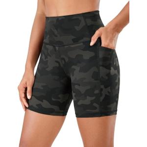 imageCRZ YOGA Womens Naked Feeling Biker Shorts  6 High Waisted Yoga Gym Spandex Shorts Side PocketsOlive Camouflage