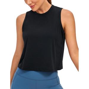 imageCRZ YOGA Pima Cotton Cropped Tank Tops for Women Soft High Neck Crop Workout Top Athletic Yoga Basic Sleeveless ShirtsBlack