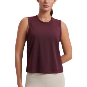 imageCRZ YOGA Pima Cotton Cropped Tank Tops for Women Soft High Neck Crop Workout Top Athletic Yoga Basic Sleeveless ShirtsDark Red