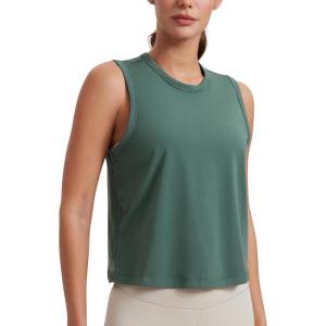 imageCRZ YOGA Pima Cotton Cropped Tank Tops for Women Soft High Neck Crop Workout Top Athletic Yoga Basic Sleeveless ShirtsGraphite Green