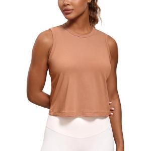 imageCRZ YOGA Pima Cotton Cropped Tank Tops for Women Soft High Neck Crop Workout Top Athletic Yoga Basic Sleeveless ShirtsMocha Mousse