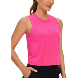 imageCRZ YOGA Pima Cotton Cropped Tank Tops for Women Soft High Neck Crop Workout Top Athletic Yoga Basic Sleeveless ShirtsSonic Pink