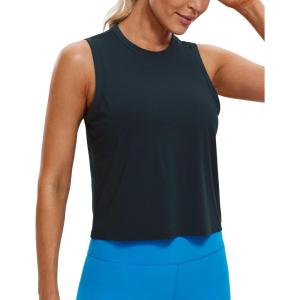 imageCRZ YOGA Pima Cotton Cropped Tank Tops for Women Soft High Neck Crop Workout Top Athletic Yoga Basic Sleeveless ShirtsTrue Navy