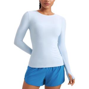 imageCRZ YOGA Womens Cloudweight Long Sleeve Workout Tops Lightweight Athletic Basic Shirts Soft Casual TShirt with Thumb HoleBlue Linen