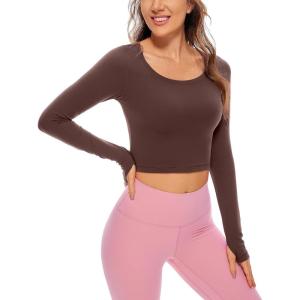imageCRZ YOGA Butterluxe Long Sleeve Crop Tops for Women Slim Fit Workout Shirts Cropped Athletic Gym TShirtsTaupe