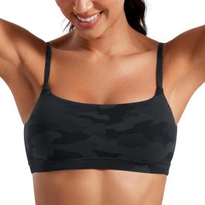 imageCRZ YOGA Womens Butterluxe Adjustable Spaghetti Strap Sports Bra  Scoop Neck Wireless Padded Yoga Workout Crop TopDark Grey Camouflage 2