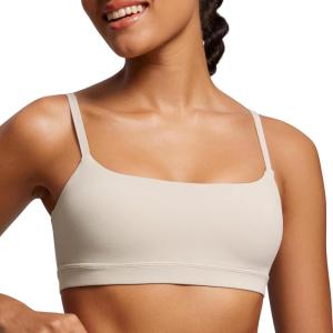 imageCRZ YOGA Womens Butterluxe Adjustable Spaghetti Strap Sports Bra  Scoop Neck Wireless Padded Yoga Workout Crop TopMojave Tan