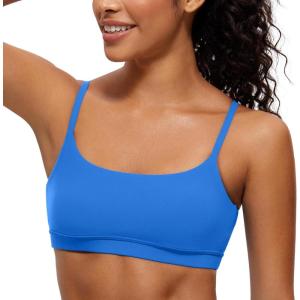 imageCRZ YOGA Womens Butterluxe Adjustable Spaghetti Strap Sports Bra  Scoop Neck Wireless Padded Yoga Workout Crop TopSparkle Blue