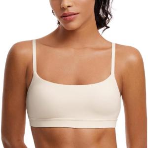 imageCRZ YOGA Womens Butterluxe Adjustable Spaghetti Strap Sports Bra  Scoop Neck Wireless Padded Yoga Workout Crop TopWhite Apricot