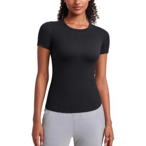imageCRZ YOGA Womens Ribbed Modal Casual Short Sleeve Crew Neck Basic Shirts Going Out Soft Fitted Stretchy Athletic Workout TopsBlack