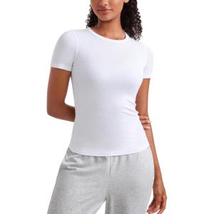 imageCRZ YOGA Womens Ribbed Modal Casual Short Sleeve Crew Neck Basic Shirts Going Out Soft Fitted Stretchy Athletic Workout TopsWhite