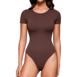 imageCRZ YOGA Butterluxe Womens Bodysuits Short Sleeve Crew Neck Body Suit Tops Sexy Thong Soft StretchyTaupe