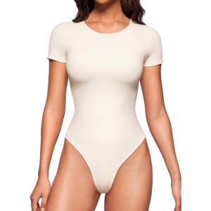 imageCRZ YOGA Butterluxe Womens Bodysuits Short Sleeve Crew Neck Body Suit Tops Sexy Thong Soft StretchyWhite Apricot