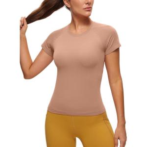 imageCRZ YOGA Seamless Workout Tops for Women Short Sleeve Athletic Tees Breathable Gym Running Yoga ShirtsMocha Mousse