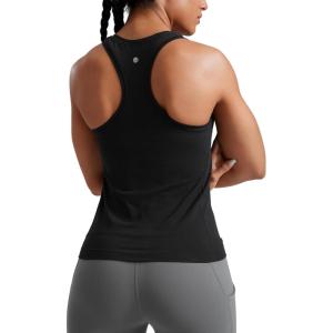 imageCRZ YOGA Womens Seamless Racerback Tank Scoop Neck Breathable Running Workout Tops Athletic Gym Sleeveless ShirtsBlack
