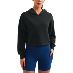 imageCRZ YOGA Womens SoftAura Cropped Hoodie Long Sleeve Hooded Sweatshirt Basic Workout Casual PulloverBlack