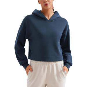 imageCRZ YOGA Womens SoftAura Cropped Hoodie Long Sleeve Hooded Sweatshirt Basic Workout Casual PulloverInk Blue