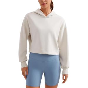 imageCRZ YOGA Womens SoftAura Cropped Hoodie Long Sleeve Hooded Sweatshirt Basic Workout Casual PulloverMilky White