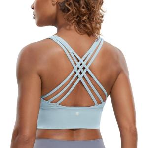 imageCRZ YOGA Strappy Longline Sports Bras for Women  Wirefree Padded Criss Cross Yoga Cropped Tank TopsCambric Blue