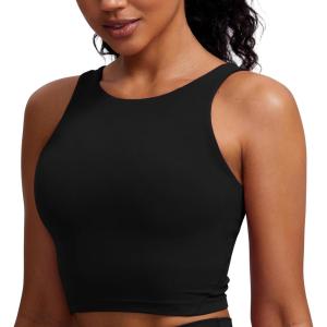 imageCRZ YOGA Womens U Back Sports Bras Padded High Neck Crop Workout Tank TopsBlack