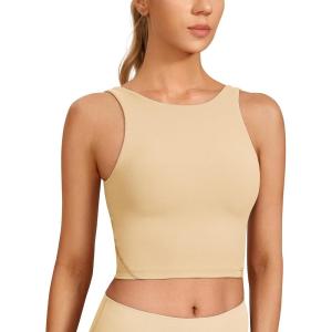 imageCRZ YOGA Womens U Back Sports Bras Padded High Neck Crop Workout Tank TopsTan Milkshake
