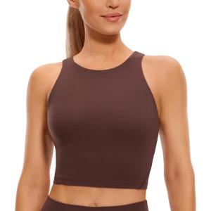 imageCRZ YOGA Womens U Back Sports Bras Padded High Neck Crop Workout Tank TopsTaupe
