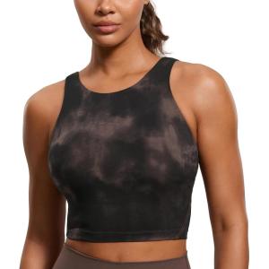 imageCRZ YOGA Womens U Back Sports Bras Padded High Neck Crop Workout Tank TopsTaupe Tie Dye Flowers