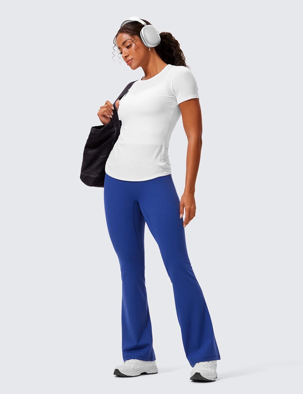 imageCRZ YOGA Womens Butterlift Hidden Scrunch Butt Flare Leggings 31quot  No Front Seam High Waist Bootcut Yoga Pants Booty CasualWaves Blue