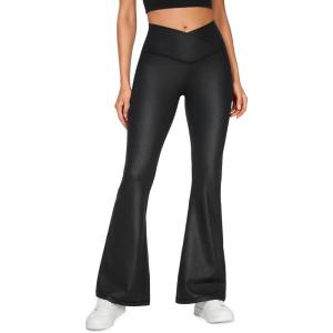 imageCRZ YOGA High Waist Crossover Flare Leggings for Women 31quot  Bootcut Bell Bottoms V Cross Yoga PantsFaux Leather Black