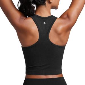 imageCRZ YOGA Womens Seamless Ribbed Longline High Neck Sports Bra  Racerback Padded Slim Fit Crop Tank Top with Built in PadsBlack