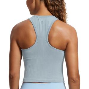 imageCRZ YOGA Womens Seamless Ribbed Longline High Neck Sports Bra  Racerback Padded Slim Fit Crop Tank Top with Built in PadsCambric Blue