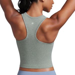 imageCRZ YOGA Womens Seamless Ribbed Longline High Neck Sports Bra  Racerback Padded Slim Fit Crop Tank Top with Built in PadsDark Green Heather