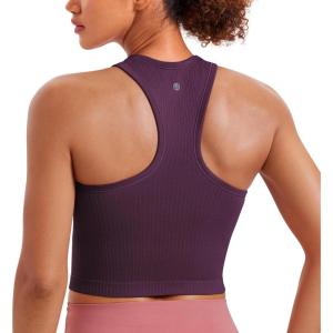 imageCRZ YOGA Womens Seamless Ribbed Longline High Neck Sports Bra  Racerback Padded Slim Fit Crop Tank Top with Built in PadsDeep Purple