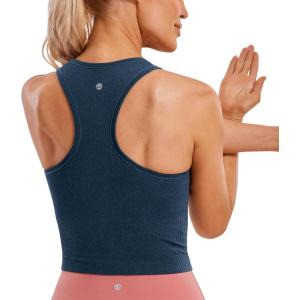 imageCRZ YOGA Womens Seamless Ribbed Longline High Neck Sports Bra  Racerback Padded Slim Fit Crop Tank Top with Built in PadsFrench Navy