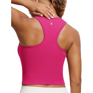 imageCRZ YOGA Womens Seamless Ribbed Longline High Neck Sports Bra  Racerback Padded Slim Fit Crop Tank Top with Built in PadsGranita Pink