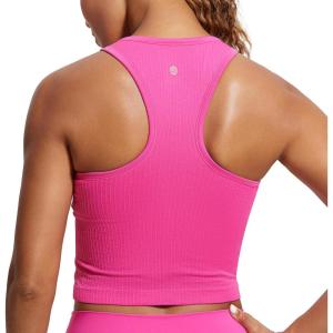 imageCRZ YOGA Womens Seamless Ribbed Longline High Neck Sports Bra  Racerback Padded Slim Fit Crop Tank Top with Built in PadsHibiscus Purple