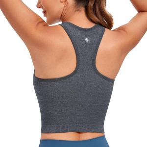 imageCRZ YOGA Womens Seamless Ribbed Longline High Neck Sports Bra  Racerback Padded Slim Fit Crop Tank Top with Built in PadsLight Gray Heather
