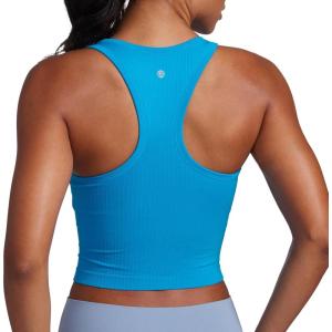 imageCRZ YOGA Womens Seamless Ribbed Longline High Neck Sports Bra  Racerback Padded Slim Fit Crop Tank Top with Built in PadsMadagascar Blue